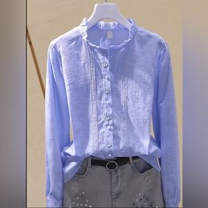 *COMING SOON* Delicate Light Blue 100% Cotton Lace-Trim Button-Down Blouse S-XXL
